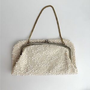 Vintage Beaded Evening Bag Lumured White with Gold Chain